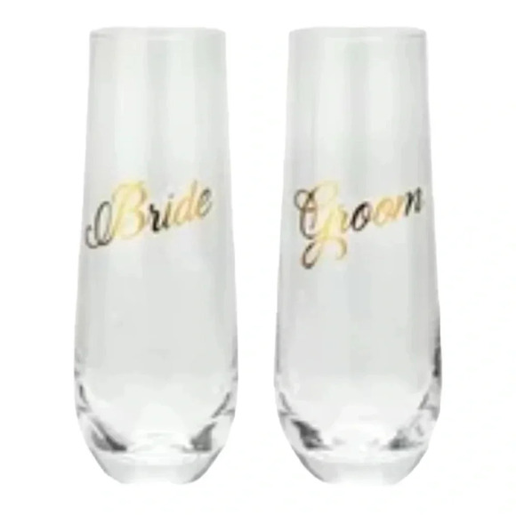 None Accessories - Bride and Groom Stemless Champagne 🍾 Toasting Glasses EUC